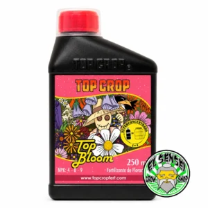 Fertilizante líquido Top Bloom de Top Crop para floración, disponible en 250 ml sobre fondo blanco.