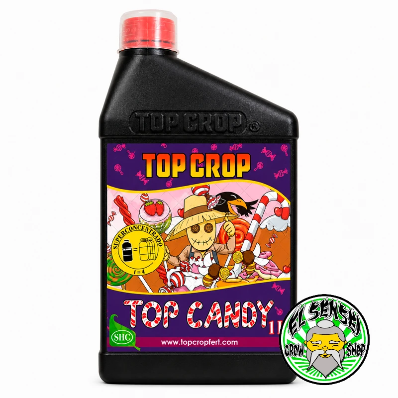 Complemento nutricional Top Candy de Top Crop para floración, disponible en 1 litro sobre fondo blanco.