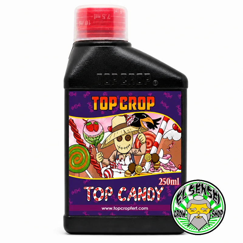 Complemento nutricional Top Candy de Top Crop para floración, disponible en 250 ml sobre fondo blanco.