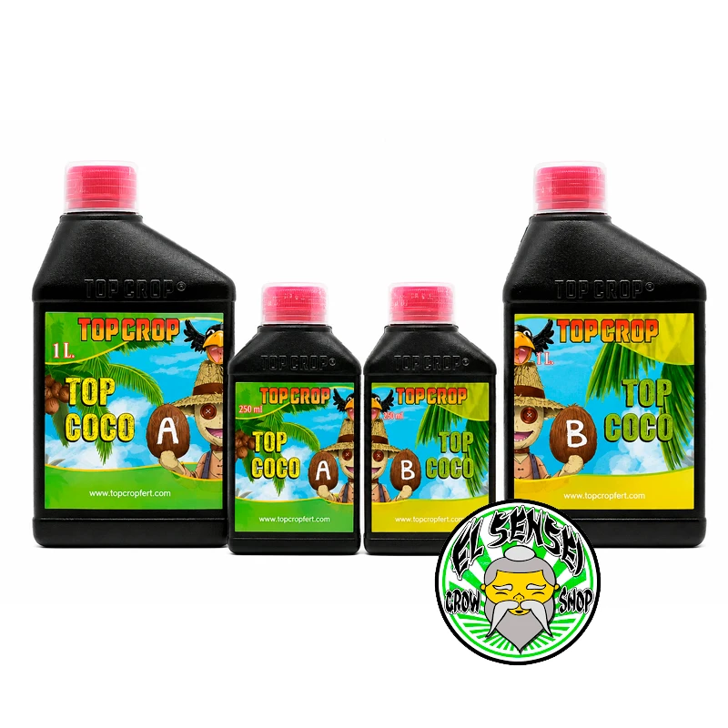 Fertilizante Top Coco A y B de Top Crop en presentaciones de 250 ml y 1 litro sobre fondo blanco.