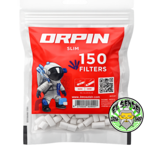 Bolsa de filtros Orpin Slim de acetato de celulosa de 150 unidades para armar cigarrillos sobre fondo blanco.