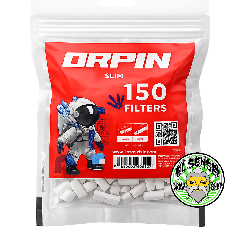 Bolsa de filtros Orpin Slim de acetato de celulosa de 150 unidades para armar cigarrillos sobre fondo blanco.