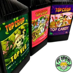 Combo 1 Top Crop compuesto por Top Veg, Top Bloom y Top Candy en versiones de 250 ml y 1 litro sobre fondo blanco.