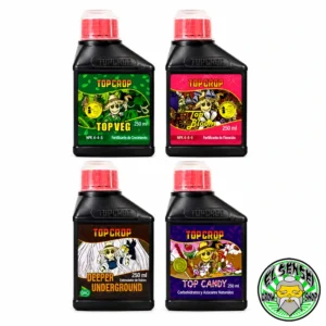 Combo 2 Top Crop compuesto por Top Veg, Top Bloom, Top Candy y Deeper Underground en versiones de 250 ml y 1 litro sobre fondo blanco.